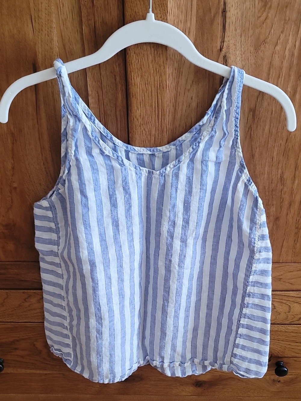 100% Linen Light Blue and White Striped Women's Tank Top Made In Italy